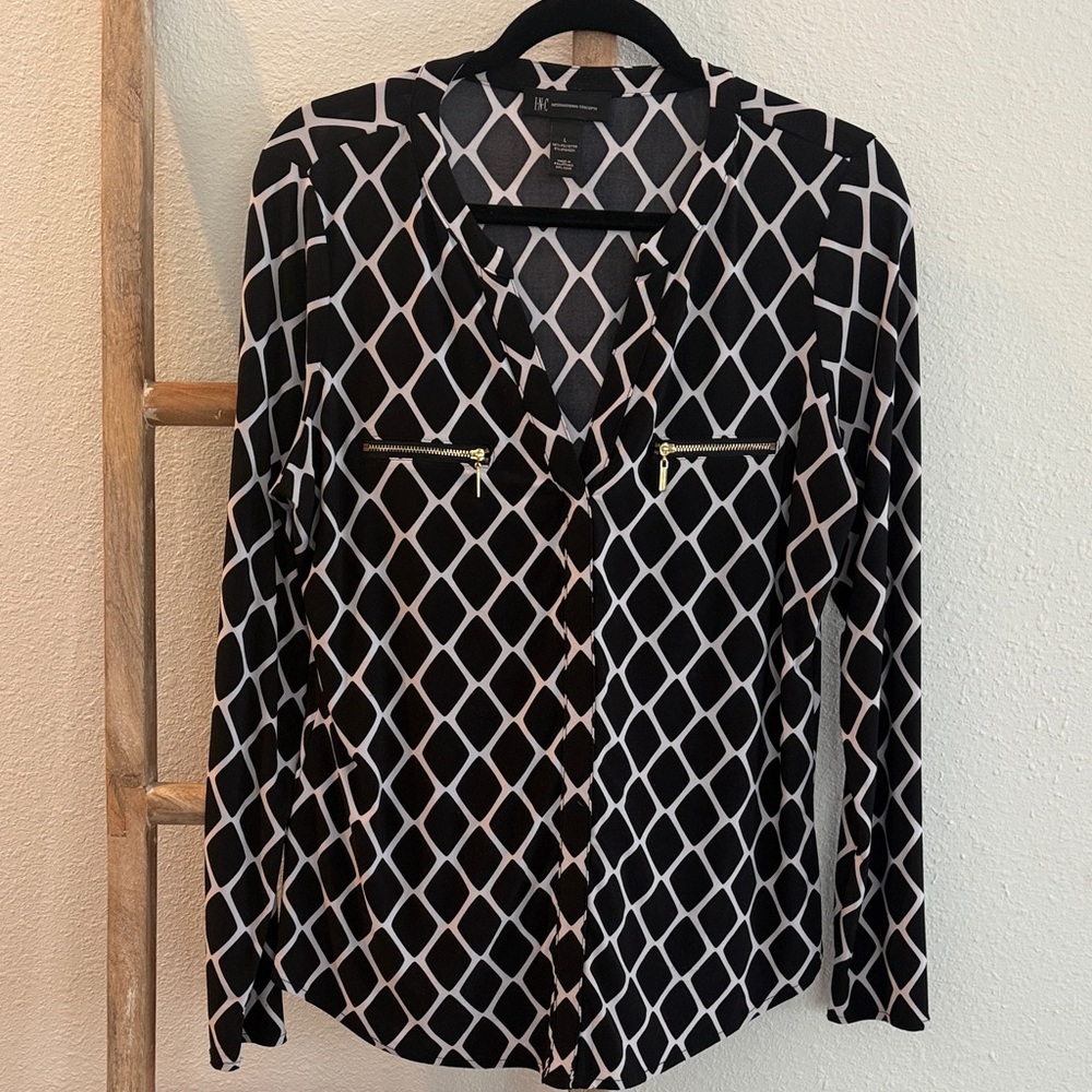 INC International Concepts Black and White Diamond Blouse
